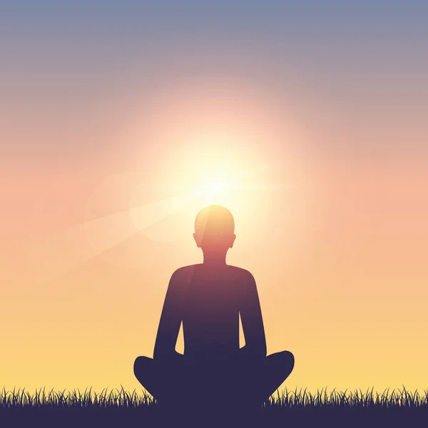 Meditating person on summer meadow at sunshine — Stock Vector