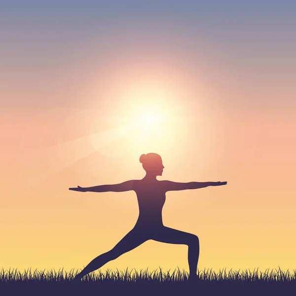 Kız güneş ışığı altında yaz çayırında yoga yapıyor. — Stok Vektör