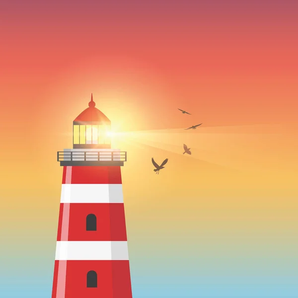 Летающие птицы в красочном небе у маяка — стоковый вектор