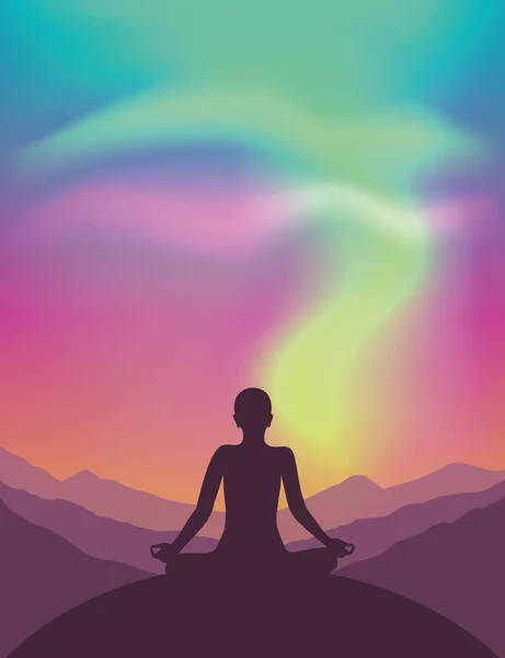 Meditación pacífica en la vista de la montaña con hermosas luces polares en el cielo colorido — Vector de stock