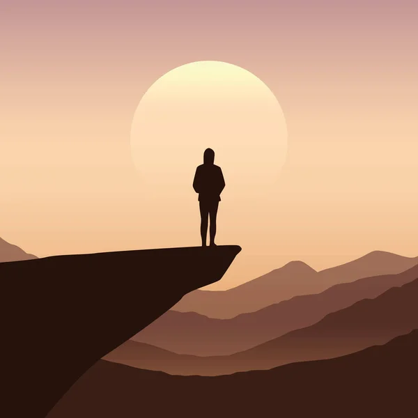 Lonely girl on a cliff silhouette with mountain background — Stock Vector