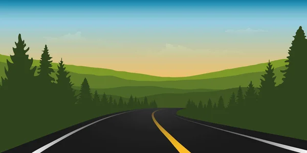Yeşil dağlarda asfalt yol yaz manzarası — Stok Vektör