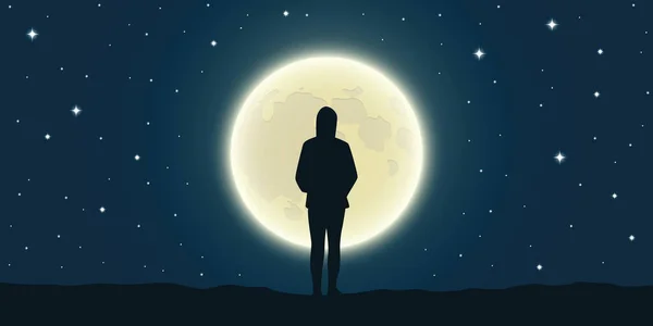 Solitaire fille la nuit regarde la pleine lune — Image vectorielle