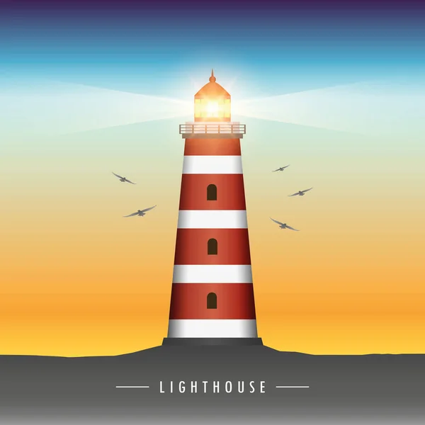 Shining lighthouse at sunset with flying birds — Stock Vector