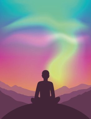 Huzurlu bir meditasyon dağ manzarası, güzel kutup ışıkları ve renkli gökyüzü.