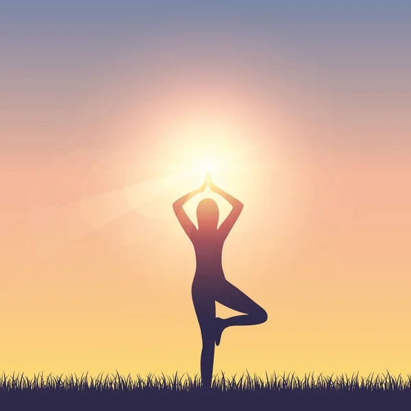 Meisje maakt yoga op zomerweide bij zonneschijn — Stockvector