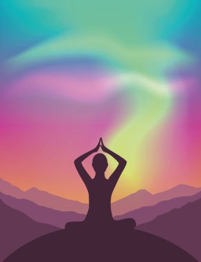 Huzurlu bir meditasyon dağ manzarası, güzel kutup ışıkları ve renkli gökyüzü.