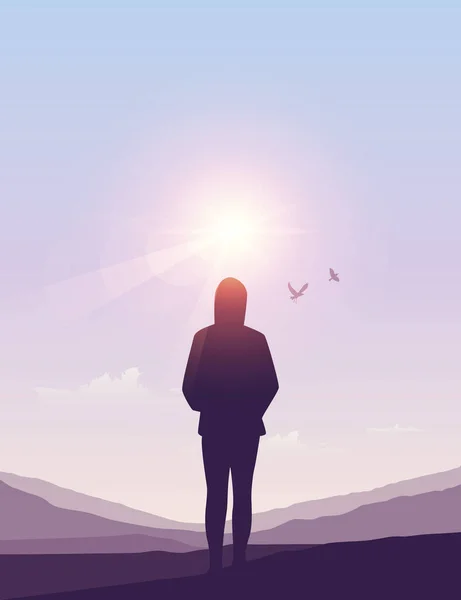 Einsame Mädchen Silhouette bei sonnigem Sommerhimmel Hintergrund — Stockvektor