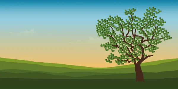 Gran árbol en verano verde paisaje de montaña — Vector de stock