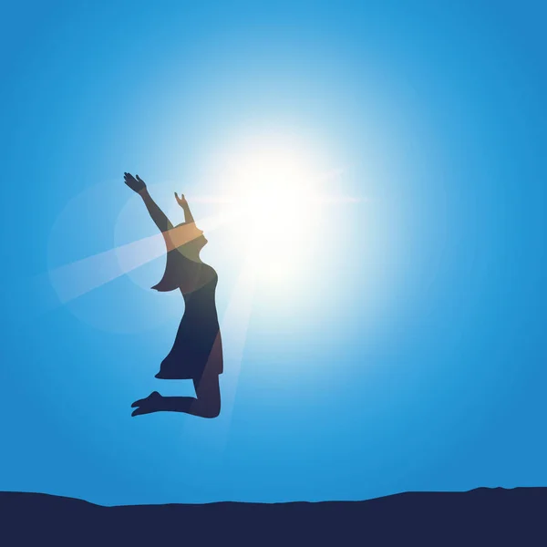 Boldog lány emelt karokkal ugrik a napsütésben napos kék ég — Stock Vector