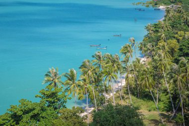Manzarası güzel okyanus ve kumsal. Tayland, Surat Thani 'de ağacı var. Üst manzara deniz manzarası mavi ve yeşil doğa arkaplanı..
