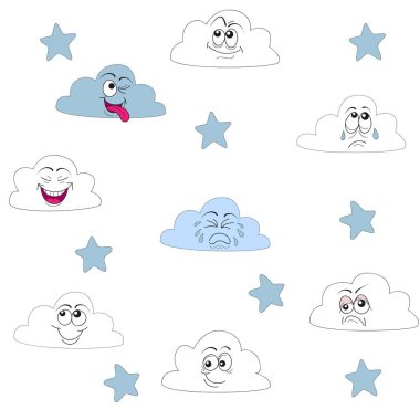 Sevimli bulutlar ve yıldızlarla kusursuz desen.