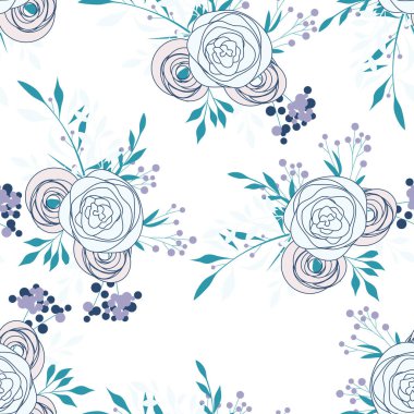 Gül desenli kusursuz çiçek deseni, klasik tarzda vektör illüstrasyonu