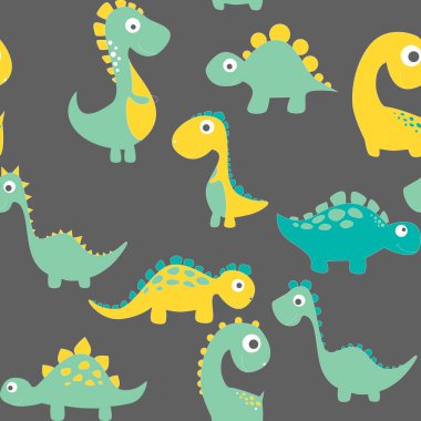 Moda kıyafetleri, kumaşlar ve tişörtler için çocuksu dinazor desenleri. el çizilmiş vektör