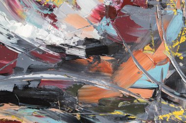 Parça. Çok renkli desenli boya. Soyut sanat geçmişi. Tuval üzerine yağ. Sert fırça darbeleri. Yağlı boya ve palet bıçağıyla yapılmış bir resmin yakın çekimi. Yüksek desenli, yüksek kaliteli detaylar.