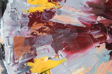 Parça. Çok renkli desenli boya. Soyut sanat geçmişi. Tuval üzerine yağ. Sert fırça darbeleri. Yağlı boya ve palet bıçağıyla yapılmış bir resmin yakın çekimi. Yüksek desenli, yüksek kaliteli detaylar.