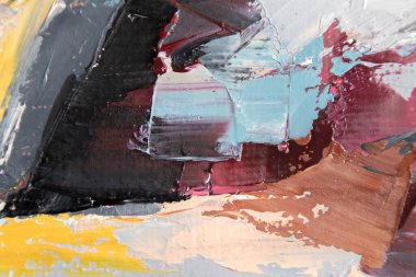 Parça. Çok renkli desenli boya. Soyut sanat geçmişi. Tuval üzerine yağ. Sert fırça darbeleri. Yağlı boya ve palet bıçağıyla yapılmış bir resmin yakın çekimi. Yüksek desenli, yüksek kaliteli detaylar.