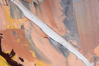 Parça. Çok renkli desenli boya. Soyut sanat geçmişi. Tuval üzerine yağ. Sert fırça darbeleri. Yağlı boya ve palet bıçağıyla yapılmış bir resmin yakın çekimi. Yüksek desenli, yüksek kaliteli detaylar.