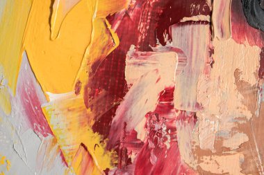 Parça. Çok renkli desenli boya. Soyut sanat geçmişi. Tuval üzerine yağ. Sert fırça darbeleri. Yağlı boya ve palet bıçağıyla yapılmış bir resmin yakın çekimi. Yüksek desenli, yüksek kaliteli detaylar.