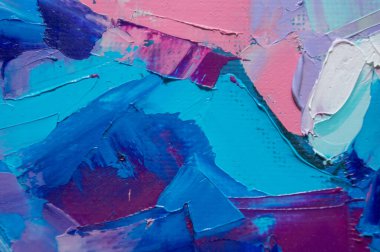 Parça. Çok renkli desenli boya. Soyut sanat geçmişi. Tuval üzerine yağ. Sert fırça darbeleri. Yağlı boya ve palet bıçağıyla yapılmış bir resmin yakın çekimi. Yüksek desenli, yüksek kaliteli detaylar.