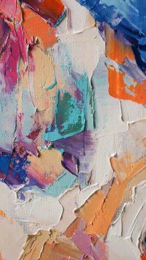 Parça. Çok renkli desenli boya. Soyut sanat geçmişi. Tuval üzerine yağ. Sert fırça darbeleri. Yağlı boya ve palet bıçağıyla yapılmış bir resmin yakın çekimi. Yüksek desenli, yüksek kaliteli detaylar.