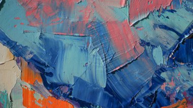 Parça. Çok renkli desenli boya. Soyut sanat geçmişi. Tuval üzerine yağ. Sert fırça darbeleri. Yağlı boya ve palet bıçağıyla yapılmış bir resmin yakın çekimi. Yüksek desenli, yüksek kaliteli detaylar.