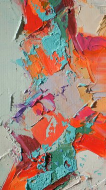 Parça. Çok renkli desenli boya. Soyut sanat geçmişi. Tuval üzerine yağ. Sert fırça darbeleri. Yağlı boya ve palet bıçağıyla yapılmış bir resmin yakın çekimi. Yüksek desenli, yüksek kaliteli detaylar.