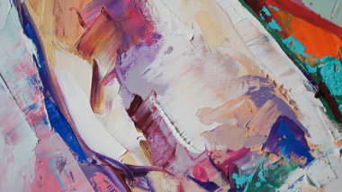 Parça. Çok renkli desenli boya. Soyut sanat geçmişi. Tuval üzerine yağ. Sert fırça darbeleri. Yağlı boya ve palet bıçağıyla yapılmış bir resmin yakın çekimi. Yüksek desenli, yüksek kaliteli detaylar.