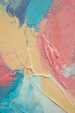 Parça. Çok renkli desenli boya. Soyut sanat geçmişi. Tuval üzerine yağ. Sert fırça darbeleri. Yağlı boya ve palet bıçağıyla yapılmış bir resmin yakın çekimi. Yüksek desenli, yüksek kaliteli detaylar.