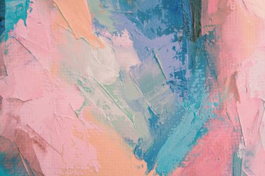 Parça. Çok renkli desenli boya. Soyut sanat geçmişi. Tuval üzerine yağ. Sert fırça darbeleri. Yağlı boya ve palet bıçağıyla yapılmış bir resmin yakın çekimi. Yüksek desenli, yüksek kaliteli detaylar.