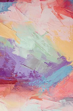 Parça. Çok renkli desenli boya. Soyut sanat geçmişi. Tuval üzerine yağ. Sert fırça darbeleri. Yağlı boya ve palet bıçağıyla yapılmış bir resmin yakın çekimi. Yüksek desenli, yüksek kaliteli detaylar.