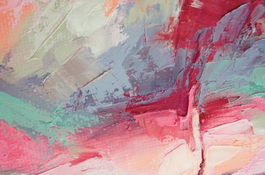 Parça. Çok renkli desenli boya. Soyut sanat geçmişi. Tuval üzerine yağ. Sert fırça darbeleri. Yağlı boya ve palet bıçağıyla yapılmış bir resmin yakın çekimi. Yüksek desenli, yüksek kaliteli detaylar.