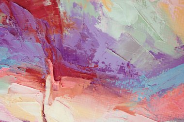 Parça. Çok renkli desenli boya. Soyut sanat geçmişi. Tuval üzerine yağ. Sert fırça darbeleri. Yağlı boya ve palet bıçağıyla yapılmış bir resmin yakın çekimi. Yüksek desenli, yüksek kaliteli detaylar.