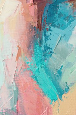 Parça. Çok renkli desenli boya. Soyut sanat geçmişi. Tuval üzerine yağ. Sert fırça darbeleri. Yağlı boya ve palet bıçağıyla yapılmış bir resmin yakın çekimi. Yüksek desenli, yüksek kaliteli detaylar.