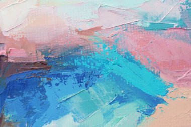 Parça. Çok renkli desenli boya. Soyut sanat geçmişi. Tuval üzerine yağ. Sert fırça darbeleri. Yağlı boya ve palet bıçağıyla yapılmış bir resmin yakın çekimi. Yüksek desenli, yüksek kaliteli detaylar.