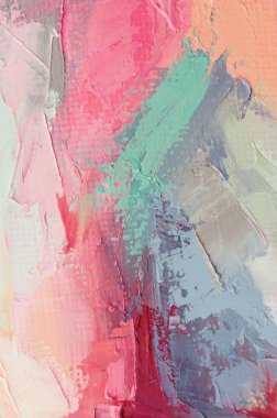 Parça. Çok renkli desenli boya. Soyut sanat geçmişi. Tuval üzerine yağ. Sert fırça darbeleri. Yağlı boya ve palet bıçağıyla yapılmış bir resmin yakın çekimi. Yüksek desenli, yüksek kaliteli detaylar.