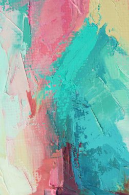 Parça. Çok renkli desenli boya. Soyut sanat geçmişi. Tuval üzerine yağ. Sert fırça darbeleri. Yağlı boya ve palet bıçağıyla yapılmış bir resmin yakın çekimi. Yüksek desenli, yüksek kaliteli detaylar.