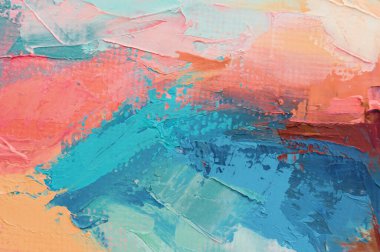 Parça. Çok renkli desenli boya. Soyut sanat geçmişi. Tuval üzerine yağ. Sert fırça darbeleri. Yağlı boya ve palet bıçağıyla yapılmış bir resmin yakın çekimi. Yüksek desenli, yüksek kaliteli detaylar.