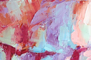 Parça. Çok renkli desenli boya. Soyut sanat geçmişi. Tuval üzerine yağ. Sert fırça darbeleri. Yağlı boya ve palet bıçağıyla yapılmış bir resmin yakın çekimi. Yüksek desenli, yüksek kaliteli detaylar.