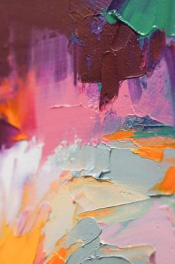 Parça. Çok renkli desenli boya. Soyut sanat geçmişi. Tuval üzerine yağ. Sert fırça darbeleri. Yağlı boya ve palet bıçağıyla yapılmış bir resmin yakın çekimi. Yüksek desenli, yüksek kaliteli detaylar.