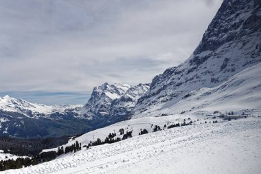 Eigergletscher 'den Jungfraujoch' a tren penceresinin görüntüsü