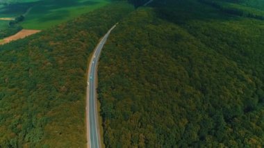 Eski orman yolunda uçan bir dron hareket halindeki arabalarla, sık ağaçlardan oluşan yeşil ağaçlarla her iki tarafta da büyüyor..