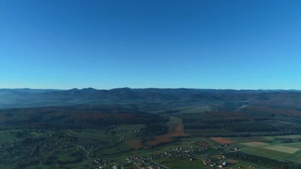 Avanzando verso la pineta e la valle di montagna con il bagliore del sole durante la giornata estiva . — Video Stock