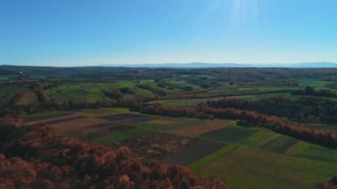 Blue sky and gold october landscape on nice autumn day upper view.