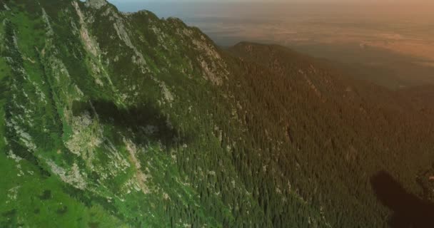 Aerial view hills covered with green vegetation in romanian mountains, while on the background its color corrected. — Stock Video