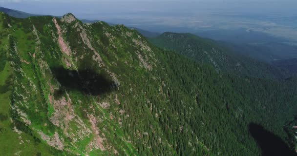 Flug über grünen Wald und Gebirgszug im leichten Nebel. — Stockvideo