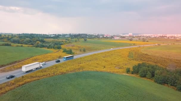 Güneşli bir günde kırsal yolda yüksek hızda giden arabaların üstündeki hava manzarası. — Stok video