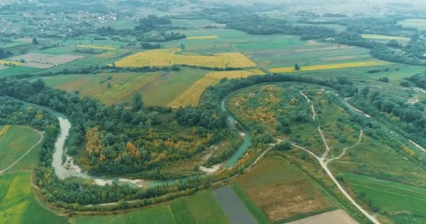 Річка між красивими луками та сільськогосподарськими полями безпілотника . — стокове відео