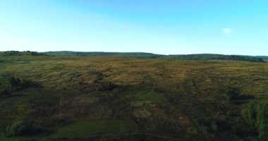 Sonbahar dağ köyü üzerinde yumuşak ışık altında orman ve tarlalarla uçmak.