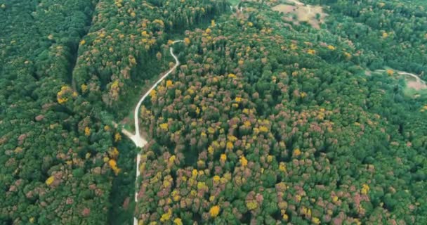 Volar sobre el camino sinuoso delgado en la pendiente de la colina, que conduce a la cima de la montaña . — Vídeos de Stock